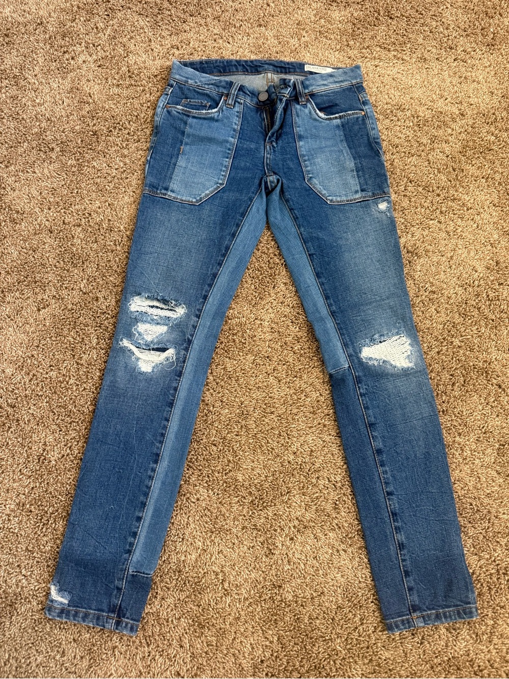 Women’s Distressed Mid-Blue Patchwork Skinny Jeans
